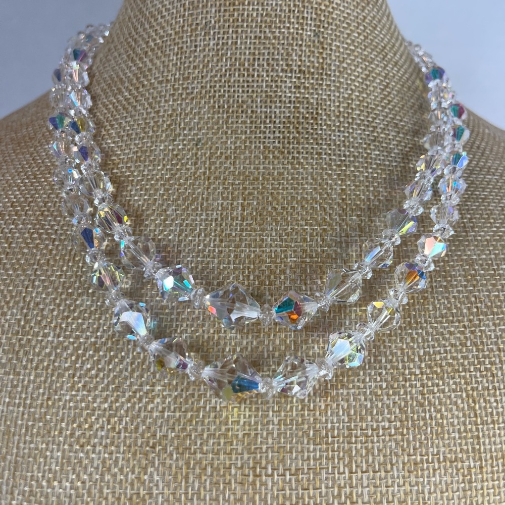 Vintage Aurora Borealis Crystal Beaded Double Strand Necklace